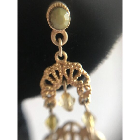 Vintage Gold Tone Filigree Pierced Wire Chandelier Dangle Earrings Chartreuses - Picture 7 of 10